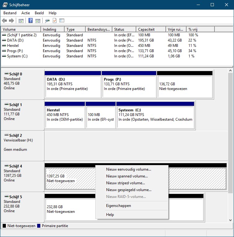 Tip 03 In de grafische weergave is duidelijk te zien welke schijfruimte nog niet is toegewezen.