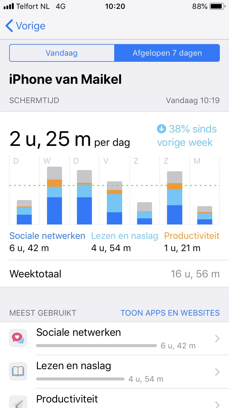 Tip 01 Ontdek hoeveel tijd je dagelijks met de smartphone doorbrengt.