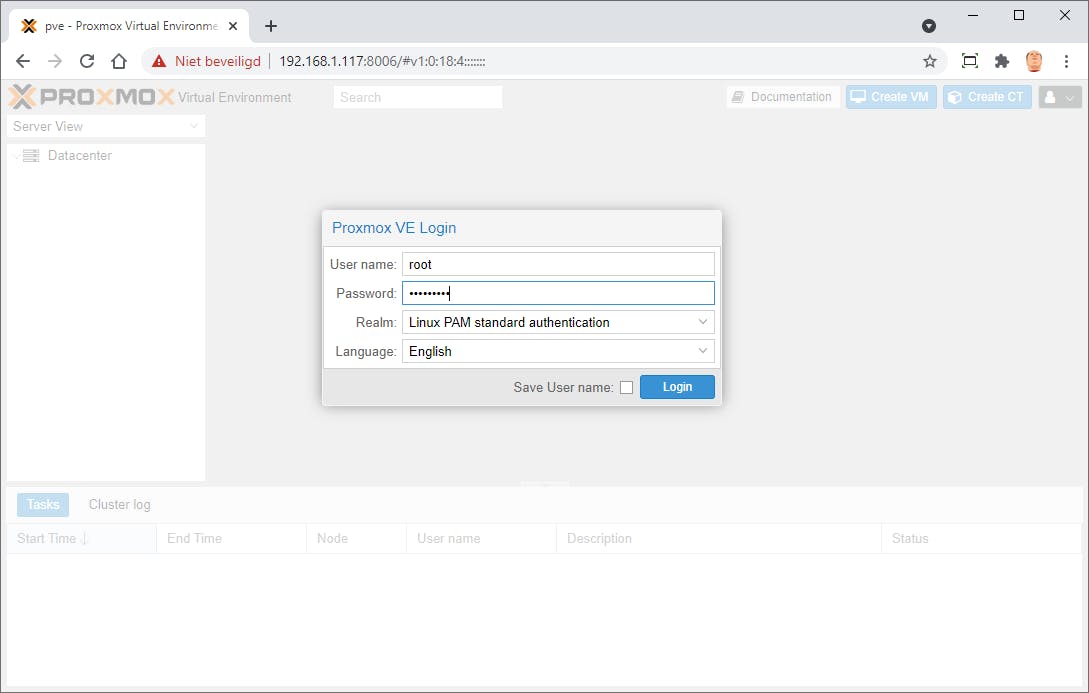 05 Maak vanaf een andere computer verbinding met de Proxmox-server en log in.