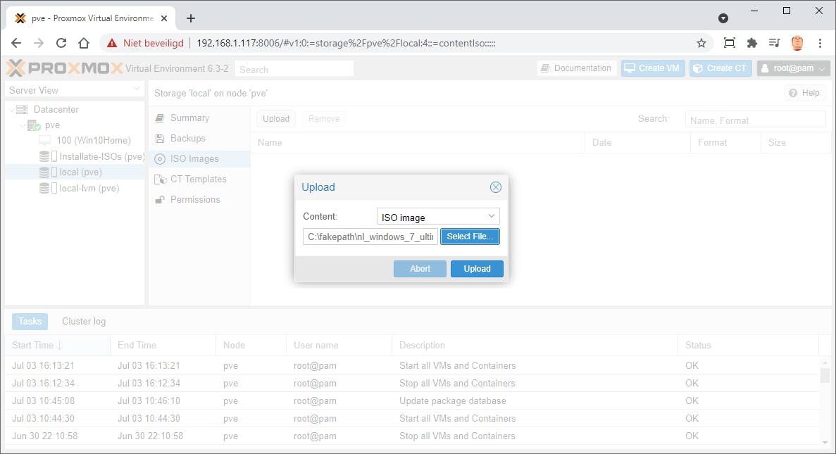 06 Upload iso-installatiebestanden van de besturingssystemen die je wilt virtualiseren naar de Proxmox-server.