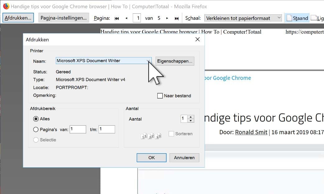 Kies hier de XPS printer van Microsoft