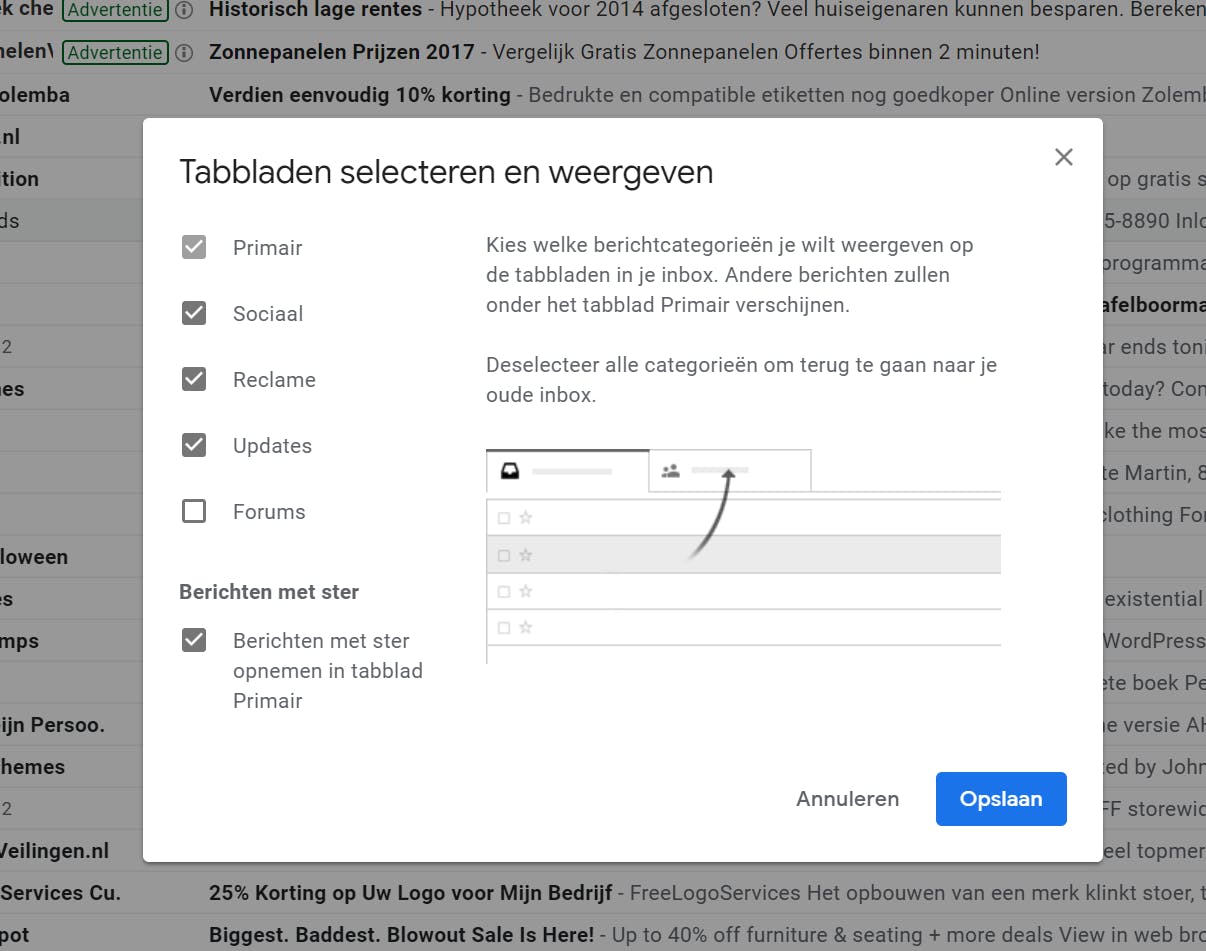 Vink alleen de tabbladen aan die jij handig vindt om te gebruiken.