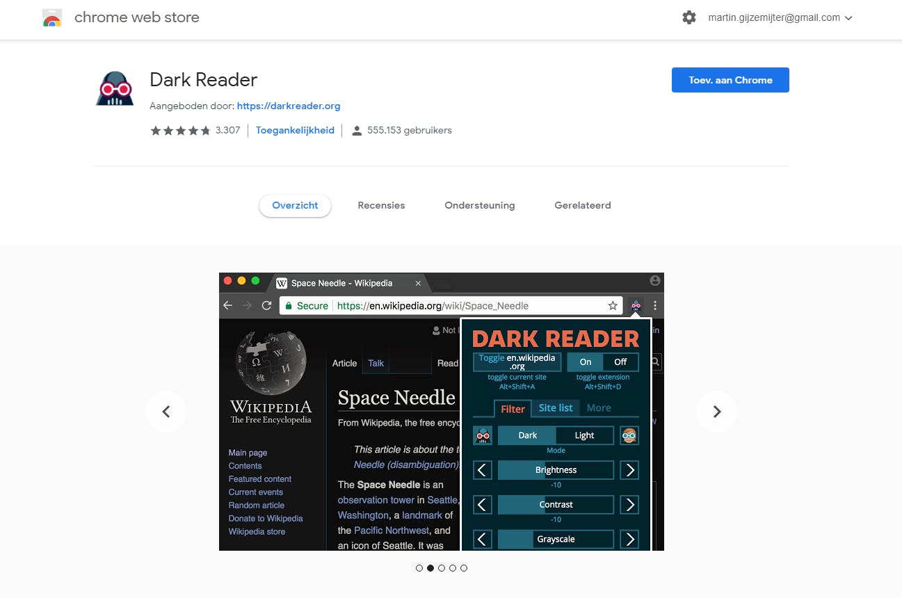 Je vindt Dark Reader in het overzicht met extensies van Chrome en Firefox.