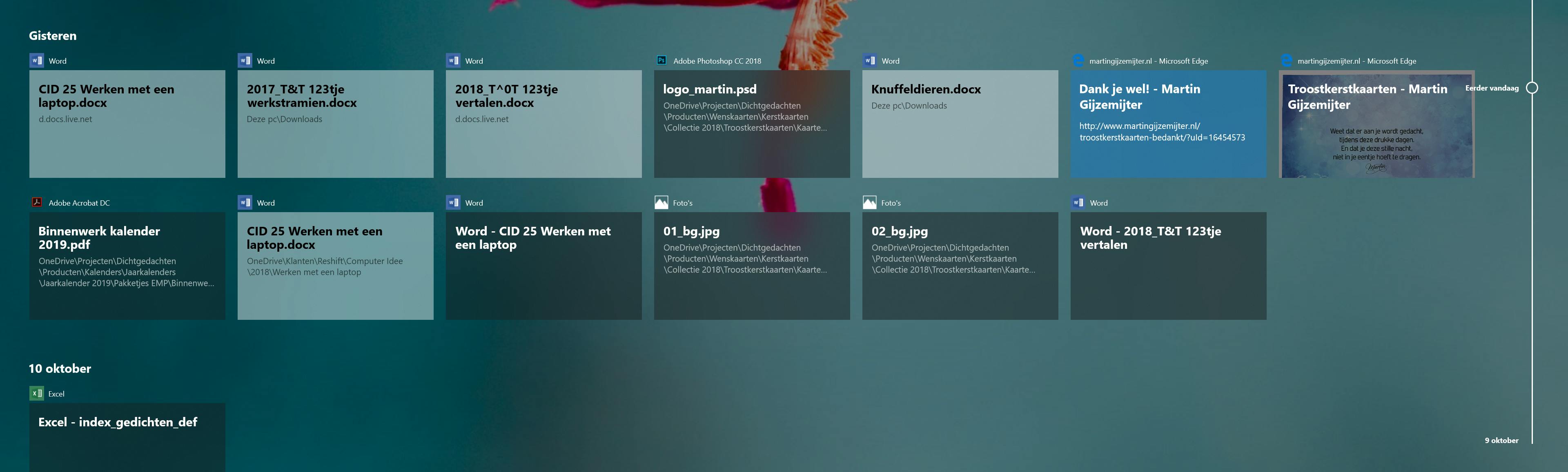 De tijdlijn in de Taakweergave toont wat je bijvoorbeeld gisteren open had staan.