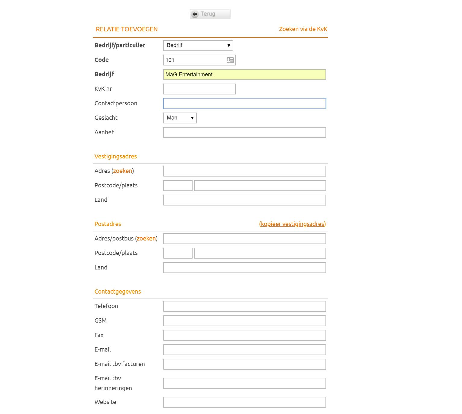 Maak relaties aan zodat je daar eenvoudig naar kunt factureren.