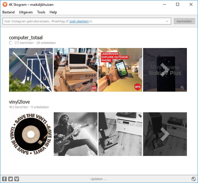 Zodra je de url van een Instagram-account invoert, begint het programma direct met downloaden.