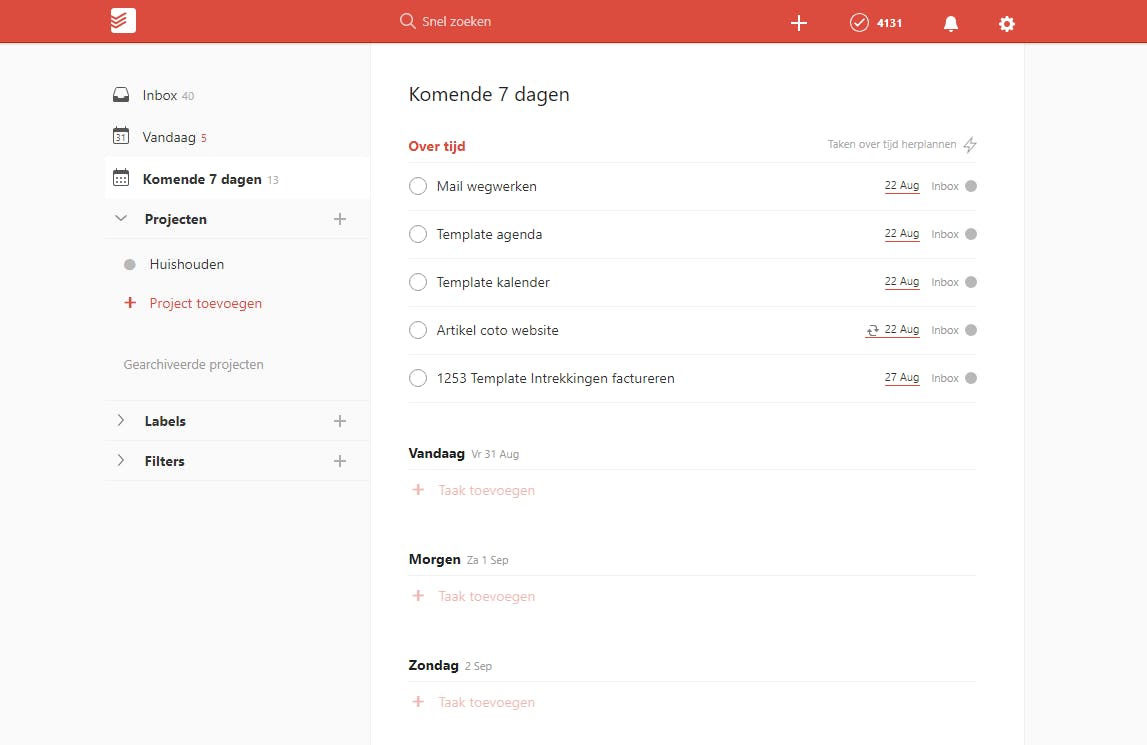 Gebruik naast je mail ook een to-do-app zoals Todoist, zodat je mails niet hoeft te bewaren als reminders.