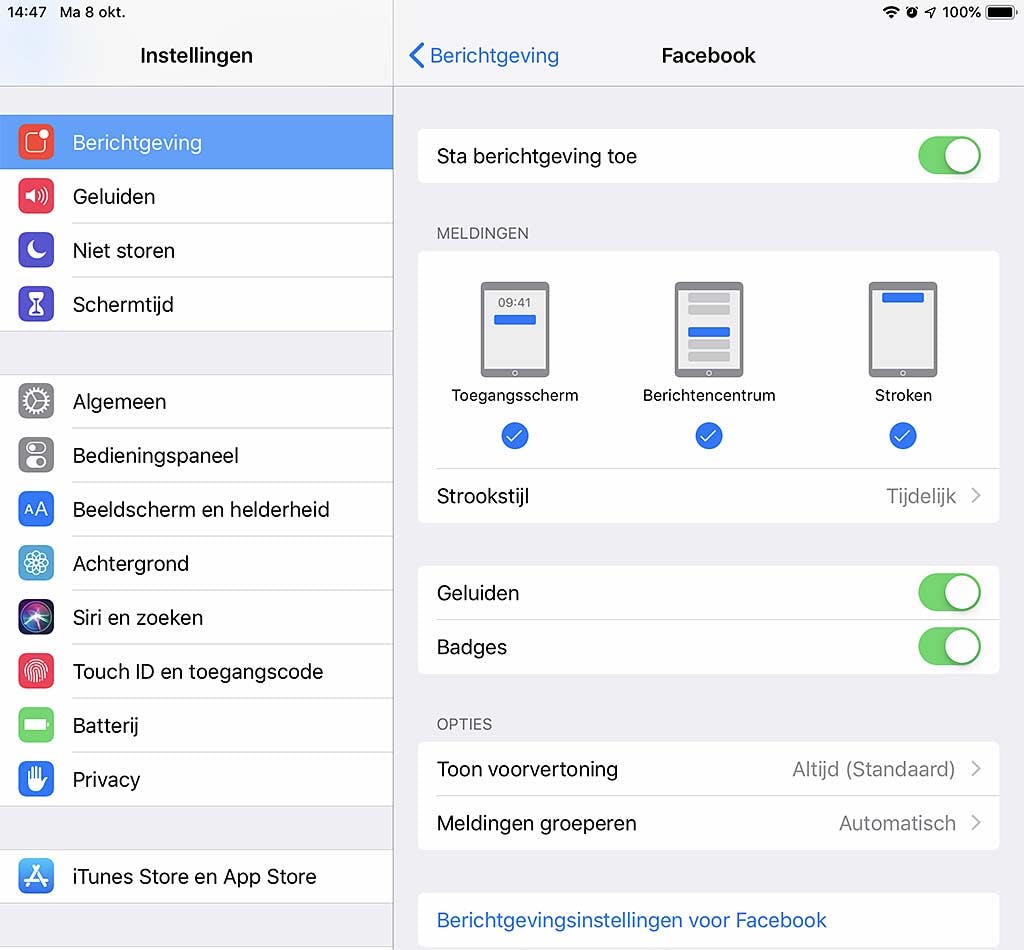 Mocht je het willen, dan kan je ook de oude berichtenweergave in iOS 12 terugkrijgen, via Meldingen groeperen