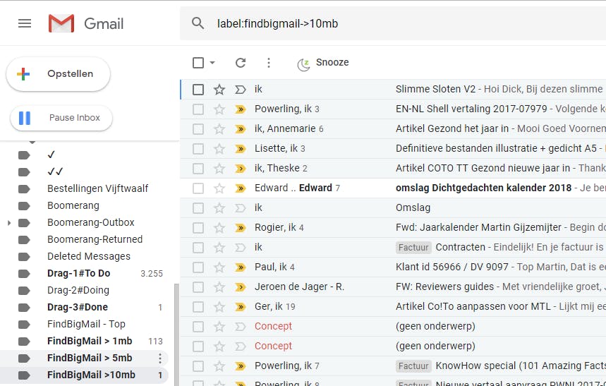 Find Big Mail deelt je mail in op grootte, waardoor je snel kunt schiften.
