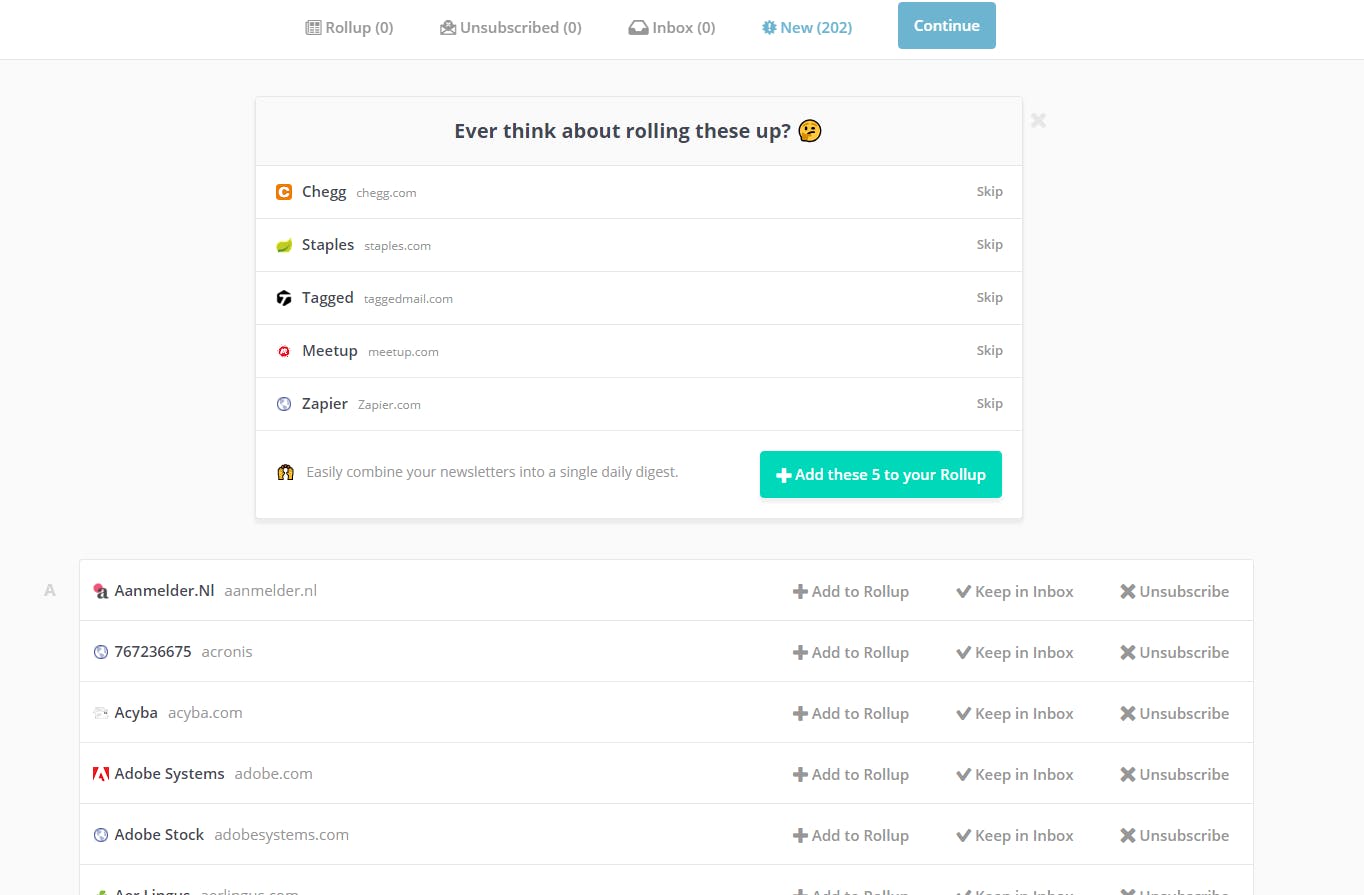 Unroll.me helpt je om je uit te schrijven bij de nieuwsbrieven die je niet meer wilt.