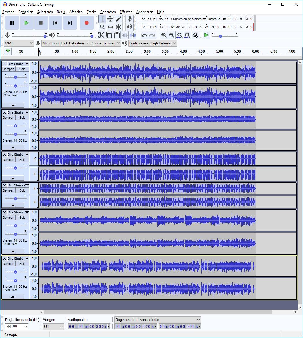 02 Audacity opent het bestand, waarna je de afzonderlijke audiosporen ziet.