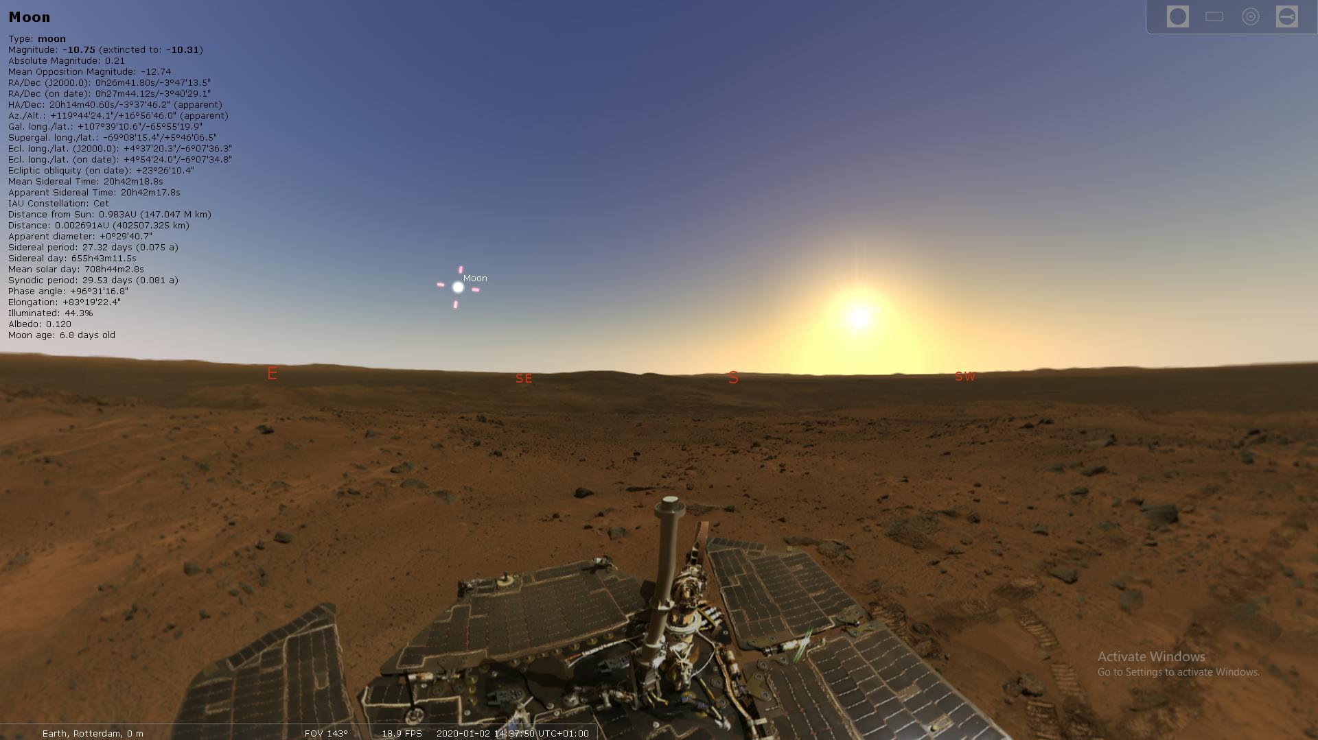 Met Stellarium zie je de hemel vanaf een andere planeet.