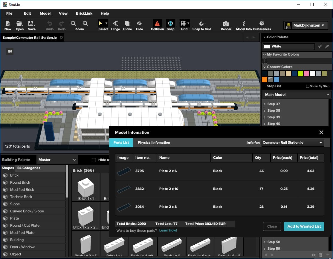 Via de knop Model Info bekijk je wat een fysiek exemplaar van het legoproject kost.