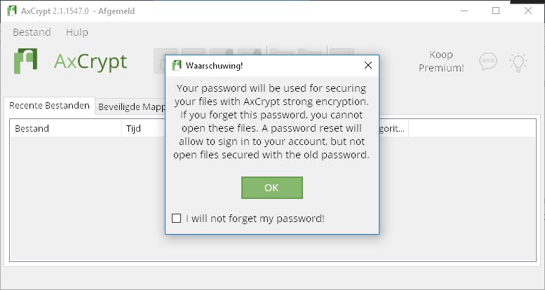 AxCrypt waarschuwt je dat je het wachtwoord absoluut niet mag vergeten.