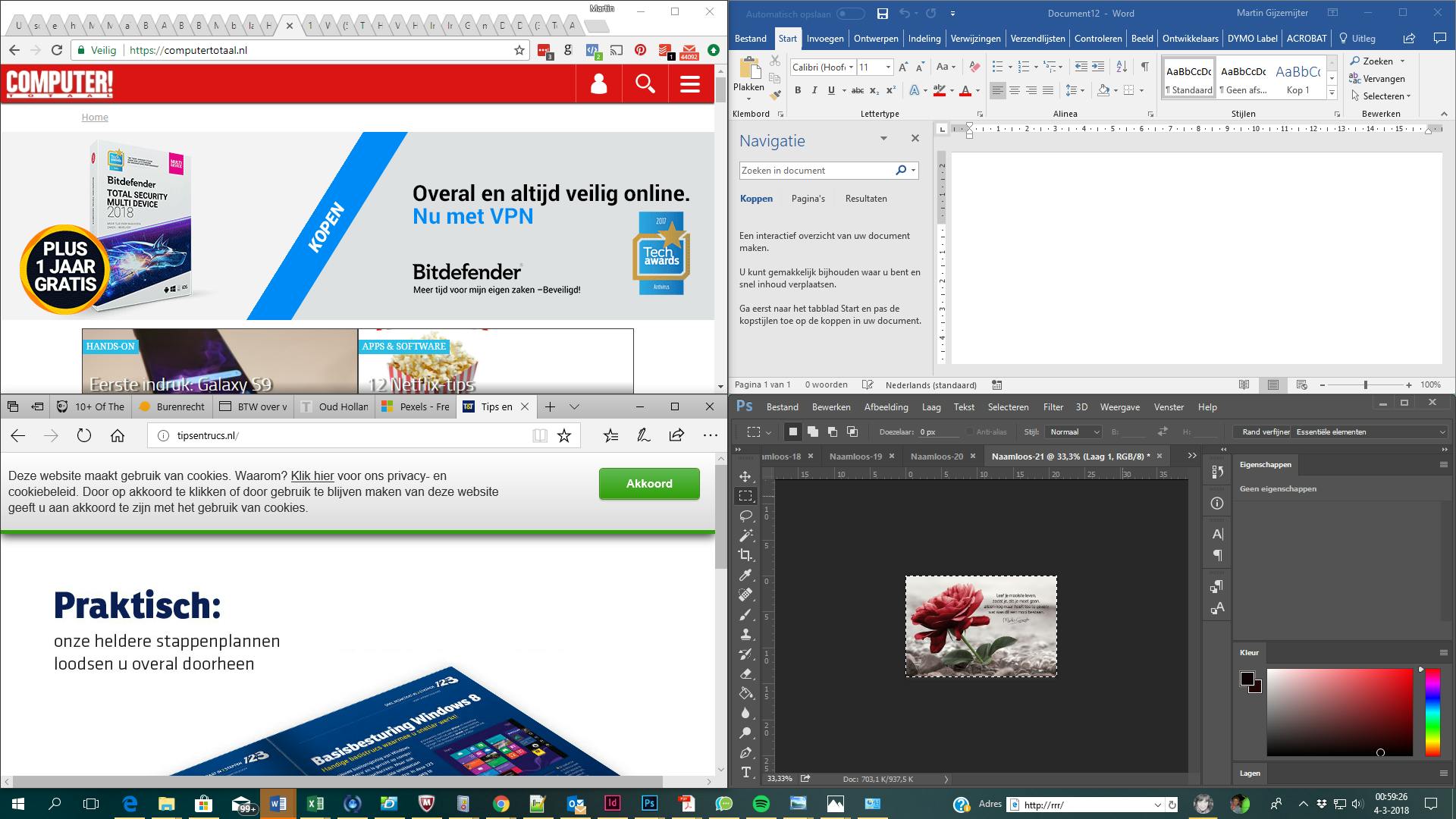 Tip 06 Dankzij kwadranten verdeel je vier vensters eenvoudig over het scherm.