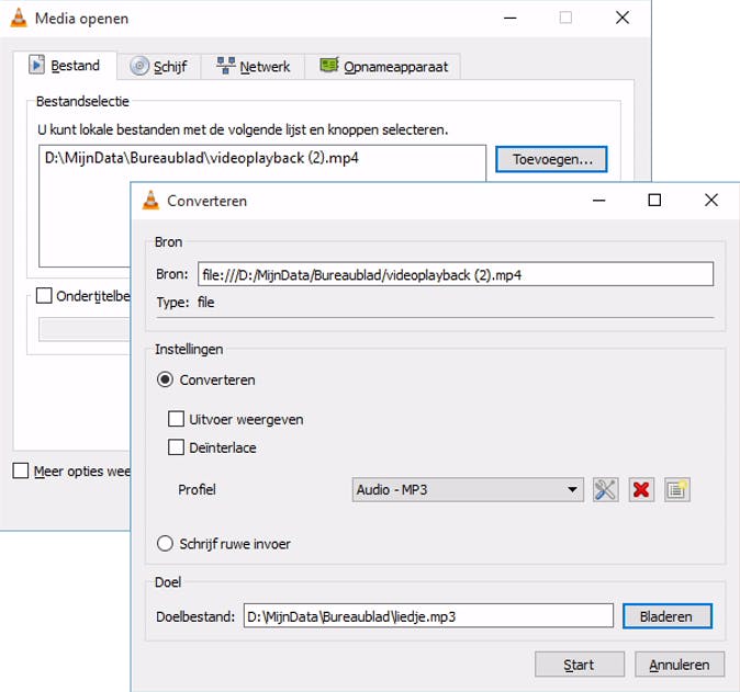 Gebruik VLC om van een filmbestand (bijvoorbeeld van YouTube) een mp3-bestand te maken.