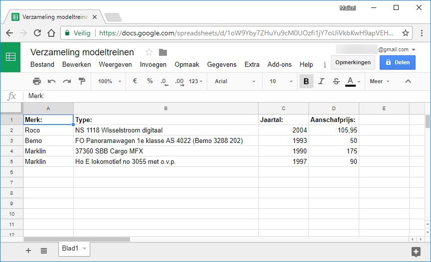 Tip 02 In de spreadsheet noteer je in iedere kolom de gewenste gegevens.
