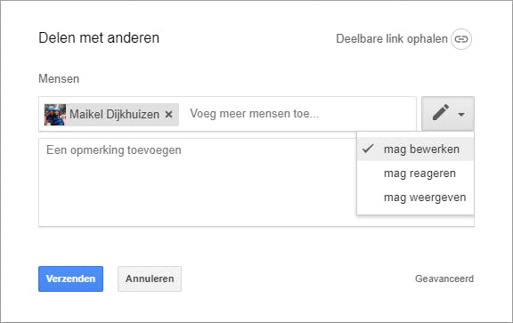Deel een spreadsheet en geef aan of je contactpersoon de tabel mag bewerken.