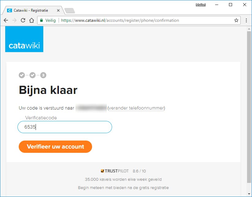 Tip 04 Bij het maken van een Catawiki-account ontvang je per sms een viercijferige verificatiecode.