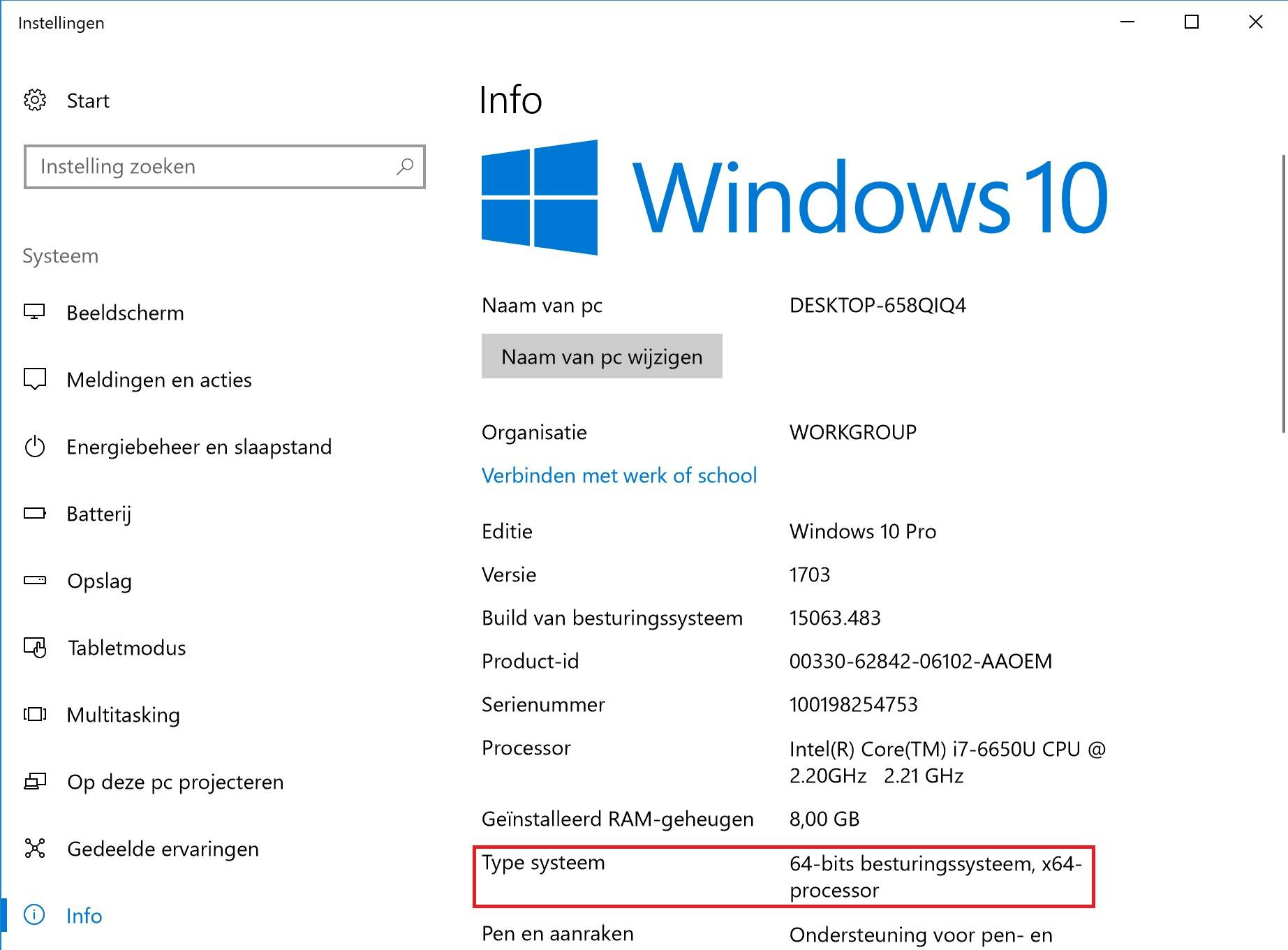 Onder Systeem kun je informatie over je computer en Windows-installatie terugvinden.