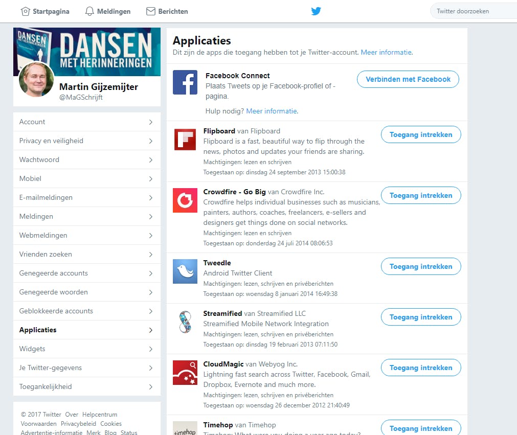 Je Twitter-account heeft waarschijnlijk ook gekoppelde apps. Verwijder wat je niet meer nodig hebt.