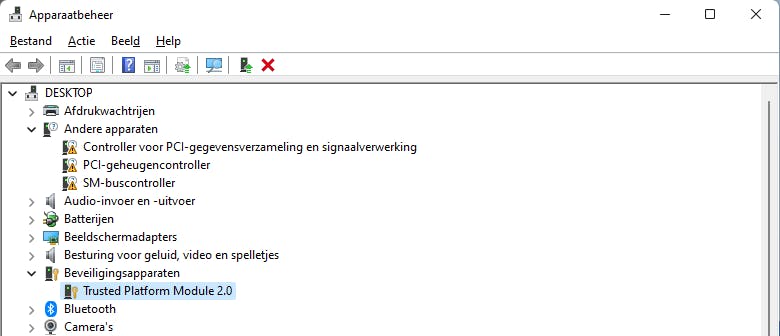 Een computer met een TPM 2.0-chip aan boord