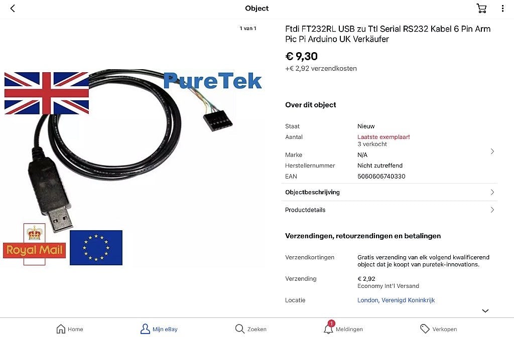 Je kunt een USB-naar-serieel TTL-converter voor (veel) minder dan bovenstaande aanbieding scoren. Voordeel van deze net wat duurdere is dat de Ftdi-chip wordt gebruikt, die vrij universeel is. Daarnaast is het geheel netjes afgewerkt en voorzien van de benodigde connectoren.