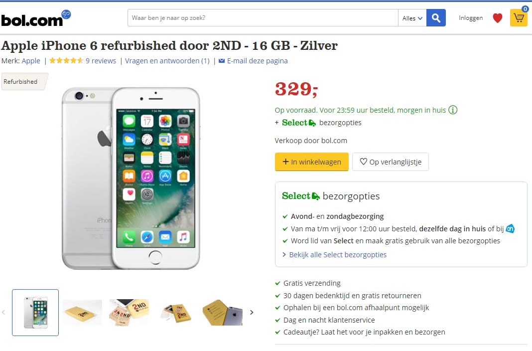 iPhones zijn ook tweedehands erg populair. Dit is een exemplaar dat via Bol.com werd verkocht.