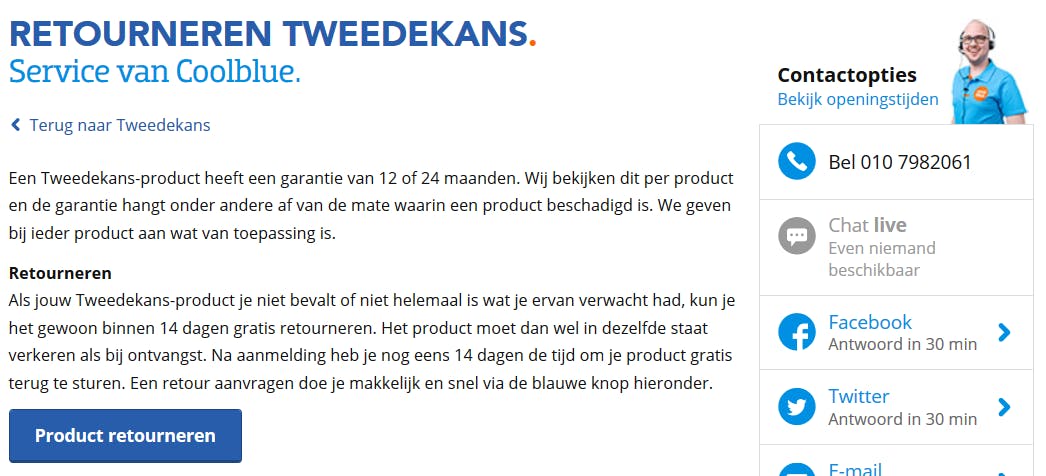 Coolblue heeft een handige retourknop op de website staan, waarmee klanten ‘tweedekans-’producten binnen 14 dagen gratis kunnen terugsturen.