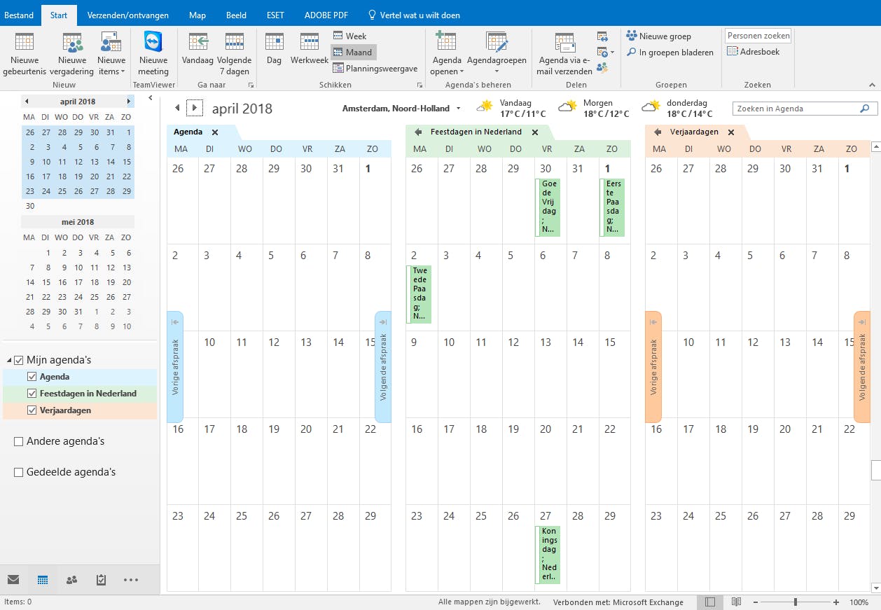Outlook toont je agenda’s naast elkaar, wat een prima overzicht geeft.