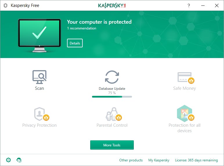 Een verwijzing naar een ontbrekende functie is nooit ver weg in Kaspersky Free.