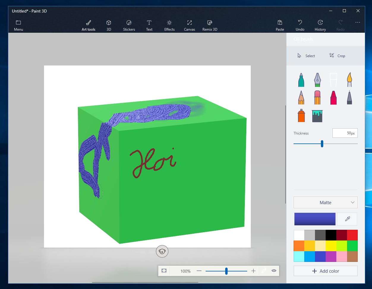 Tip 04 Smeer maar lekker verf op de vorm. Paint 3D neemt het zware rekenwerk voor zijn rekening.