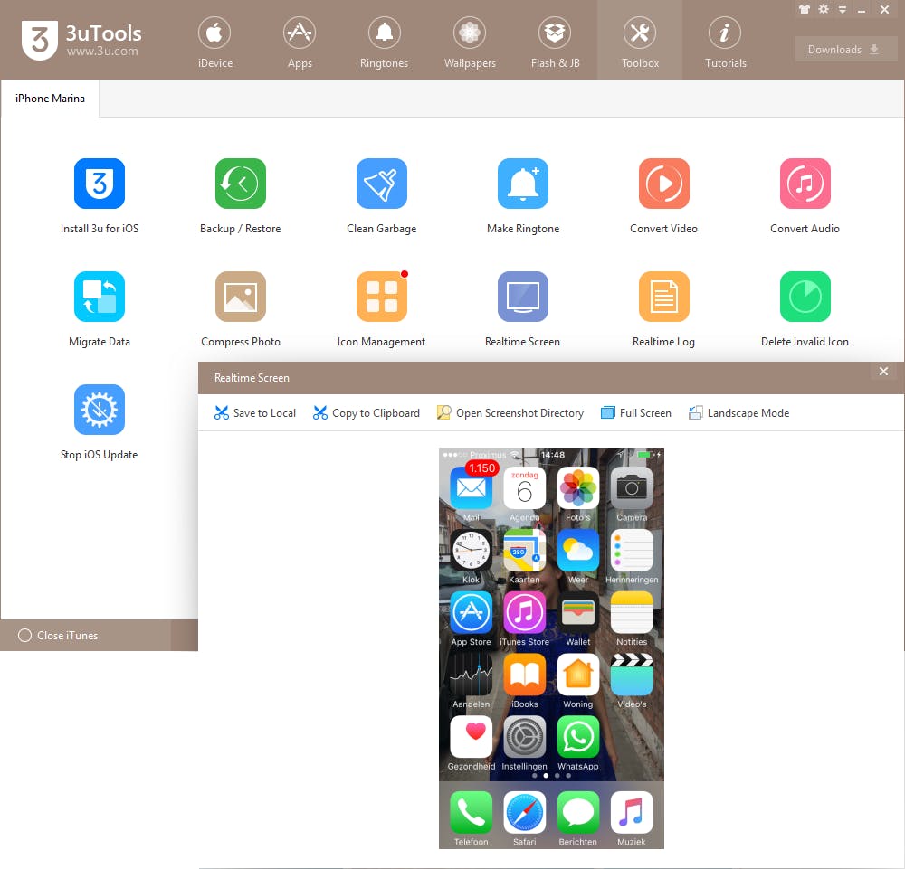 In de toolbox bevinden zich tal van nuttige functies, waaronder een realtime screenview.