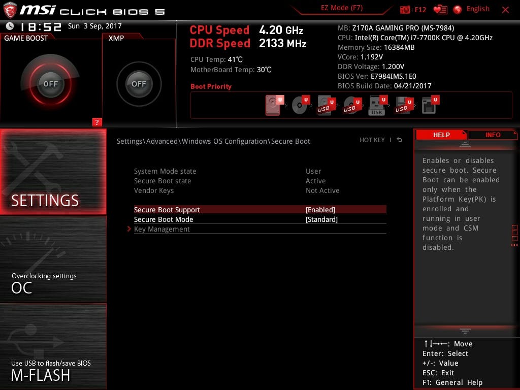 04 Een voorbeeld waar de Secure Boot-instellingen zich bevinden in de uefi van MSI.