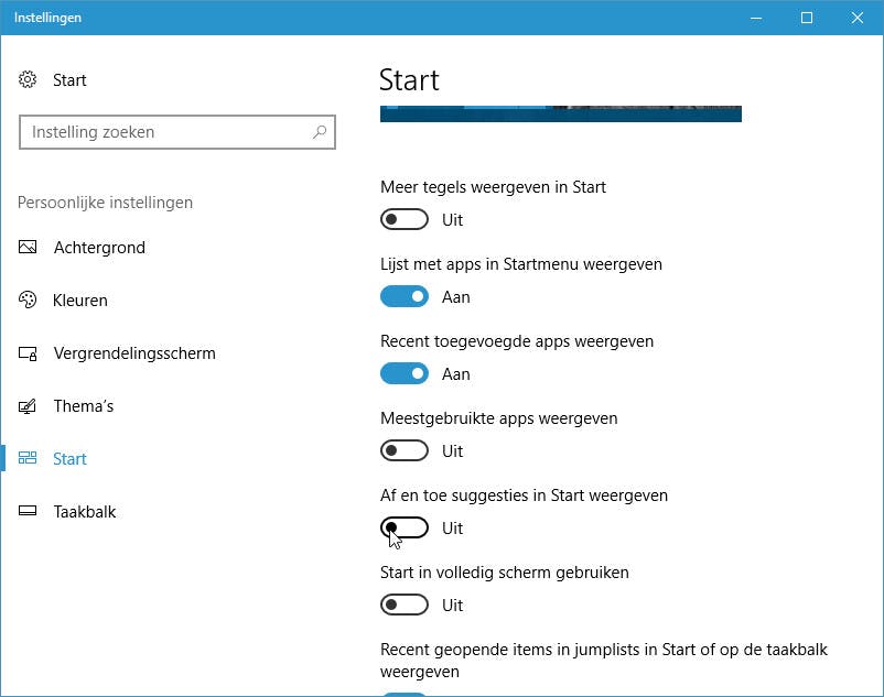 Weg met de advertentietegels in het menu Start