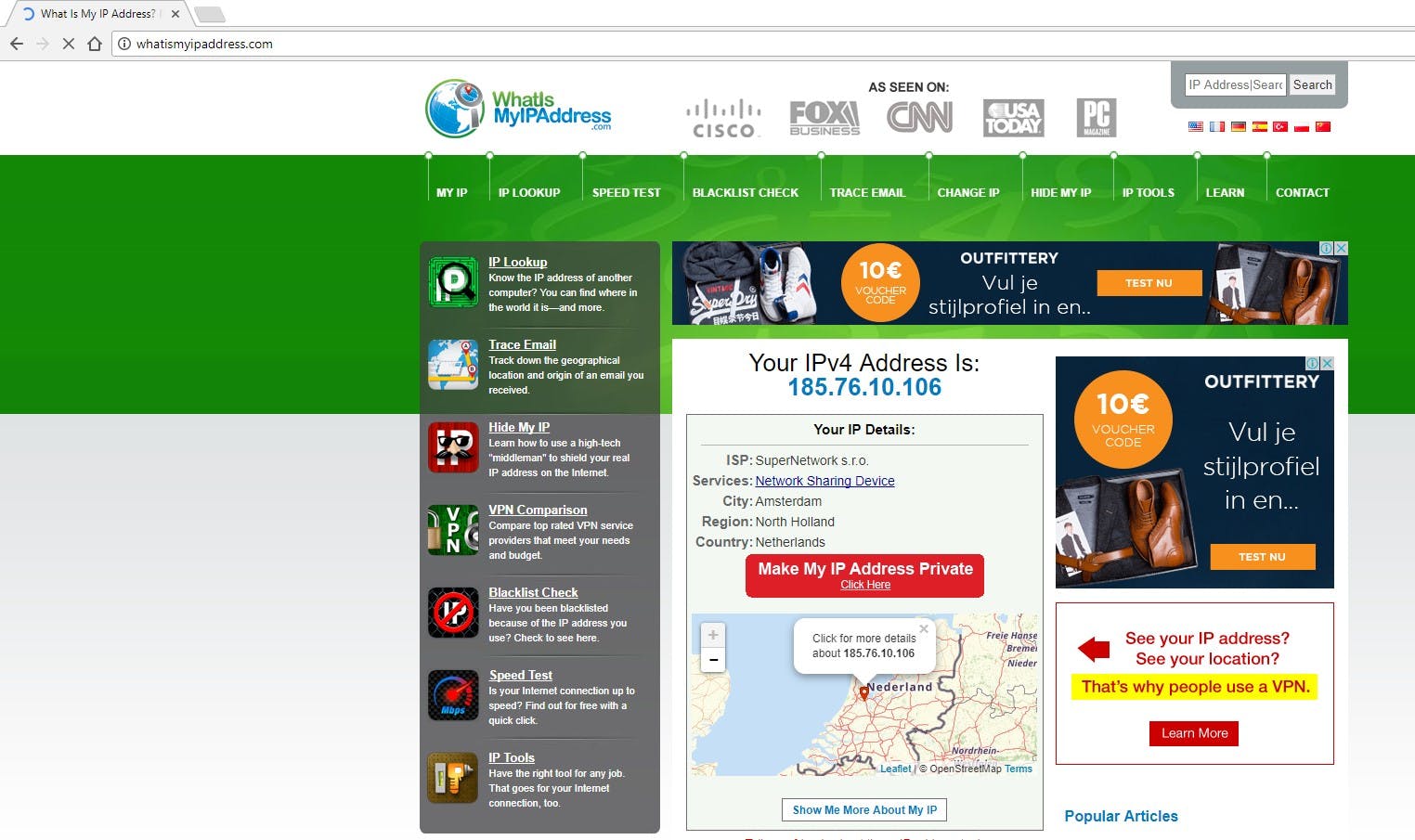 Het IP-adres is te verifiëren via whatismyip.com