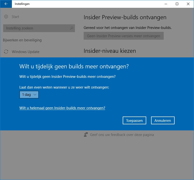 Tip 12 Tijdelijk geen Insider meer zijn of helemaal stoppen en Windows opnieuw installeren?