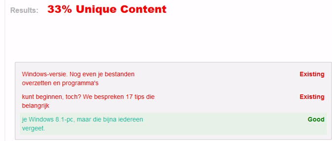 De tool geeft direct aan of de tekst al bestaat of niet.