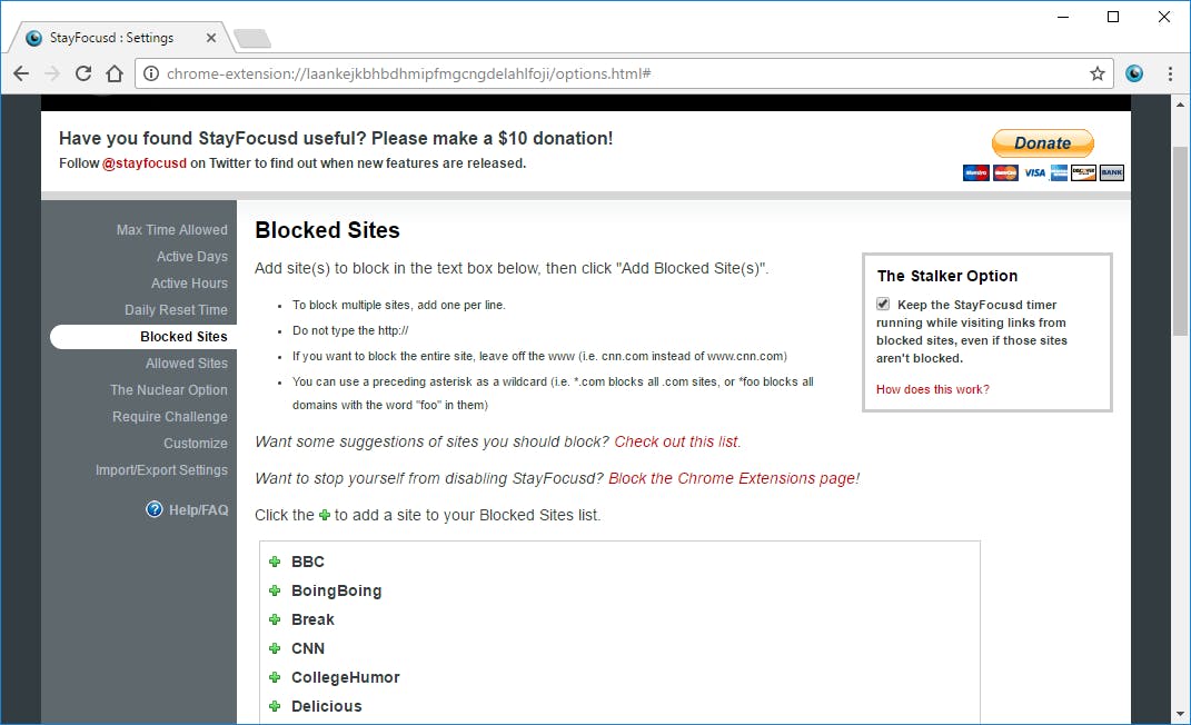 StayFocusd blokkeert websites die averechts werken op een productieve werkdag achter je computer.