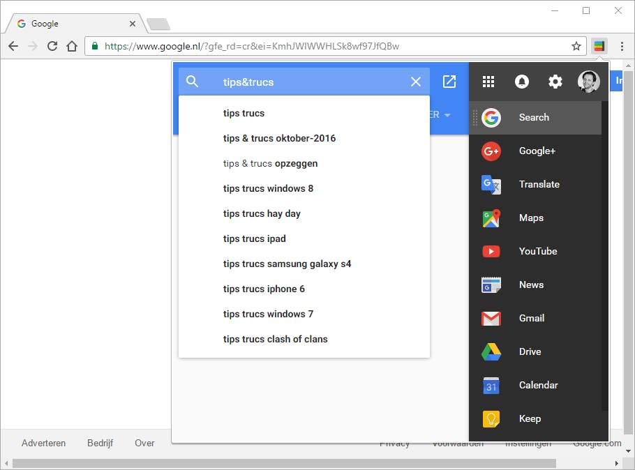 Black Menu geeft je direct toegang tot alle populaire Google-diensten.
