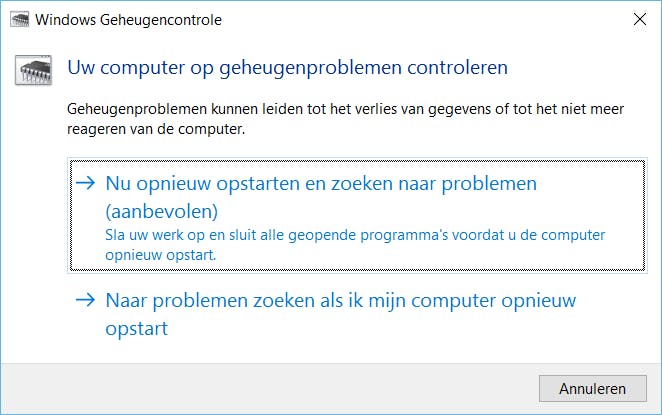 Met Windows Geheugencontrole wordt het geheugen gecontroleerd op fouten.