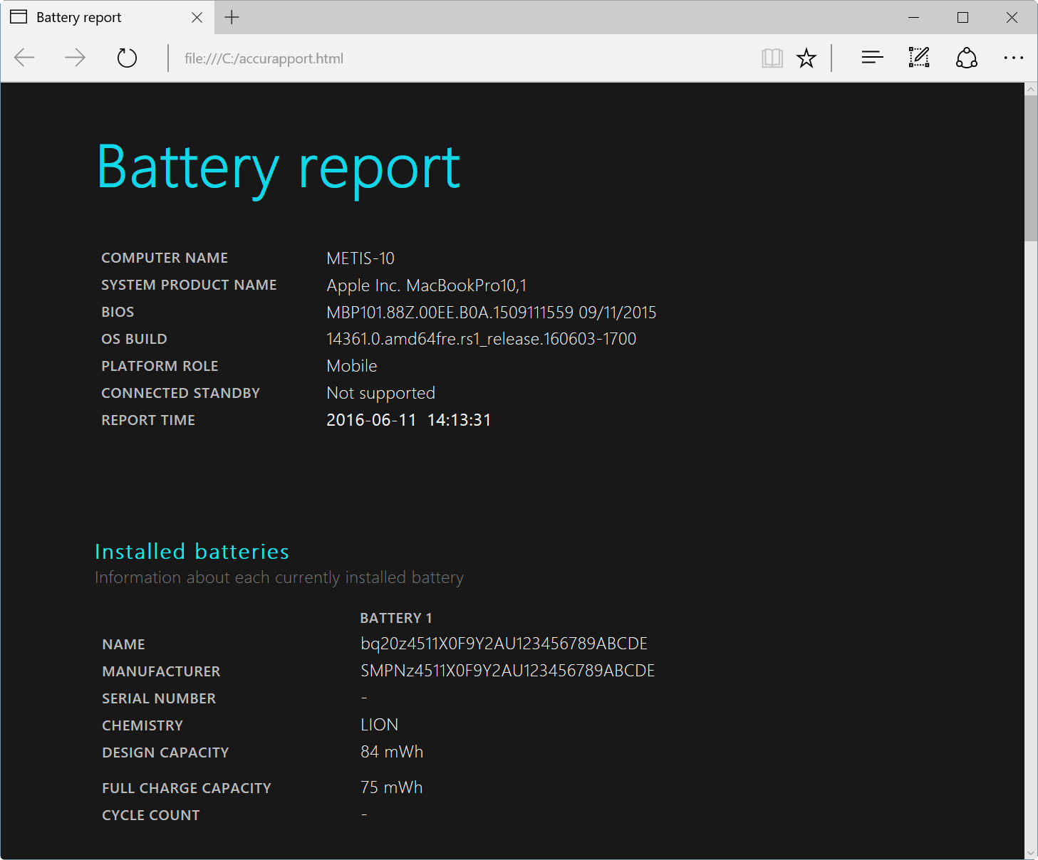 Het accurapport van Windows met daarin de Design en Full Charge capacity, maar op onze laptop geen Cycle count.
