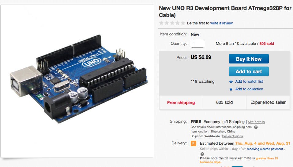 Een kloon of een vervalsing? De naam Uno wordt gebruikt, maar het officiële Arduino-logo is niet te vinden.