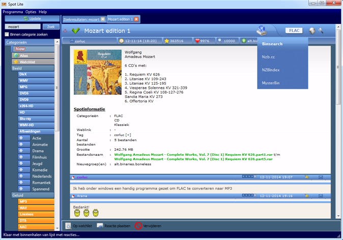 Tip 06 Vanuit SpotLite open je de website Binsearch om een nzb-bestand op te slaan.