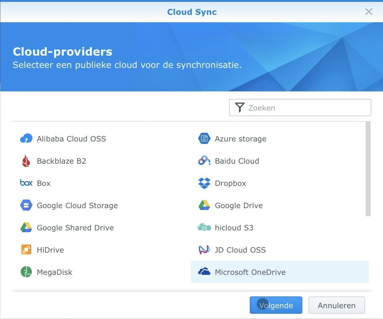 In dit voorbeeld kies je voor Microsoft OneDrive of OneDrive for business.