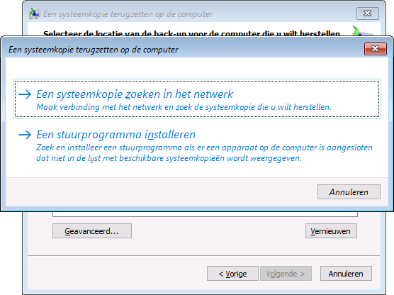 13 Via de optie ‘Een systeemkopie zoeken in het netwerk’ wordt een netwerkverbinding tot stand gebracht en kun je een netwerklocatie opgeven.