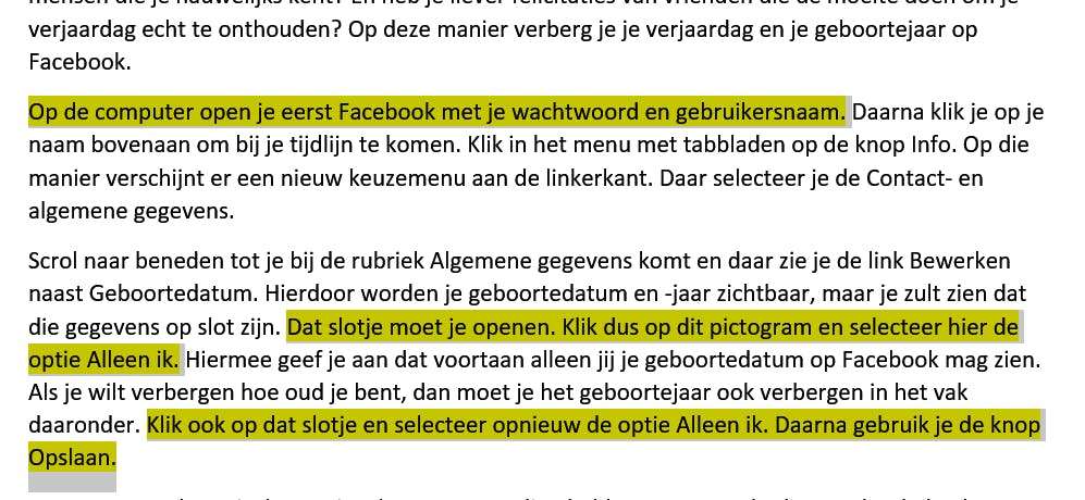De handmatige manier om niet-aaneengesloten fragmenten te selecteren is alleen geschikt voor relatief korte tekst.
