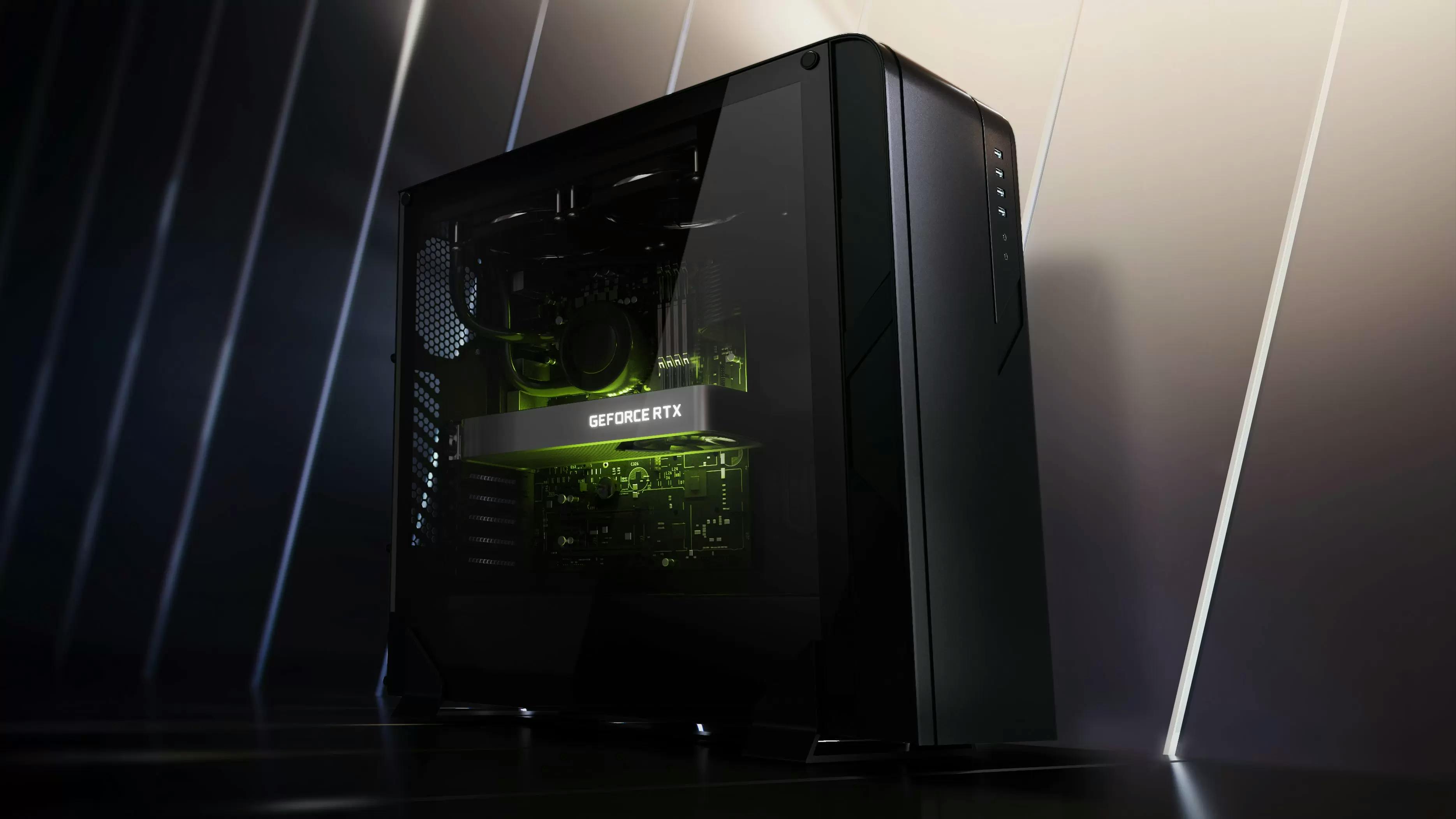 Promotionele afbeelding van de Nvidia GeForce RTX 3060, verlicht en afgebeeld in een gamecomputer.