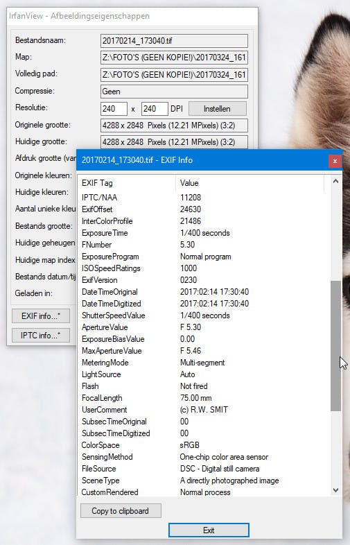De EXIF-gegevens in IrfanView