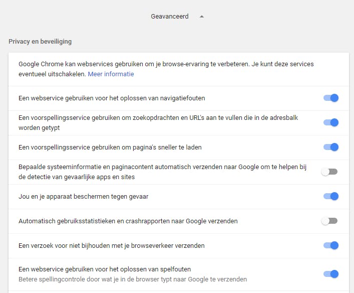 Loop de instellingen betreffende privacy in Chrome even krtitisch door